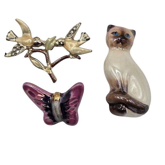 VTG AVON Brooch 3PC Set Porcelain Simease Cat Butterfly Birds Cottage MCM Whimsy - Picture 1 of 16
